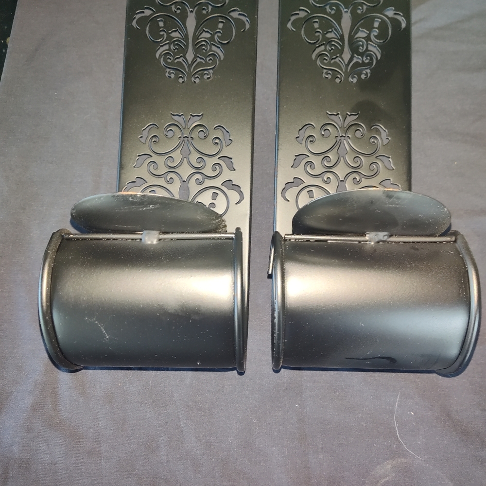 2 Large (20x4) Black Metal Design Sconce Style Candle Holders. - Picture 3 of 6